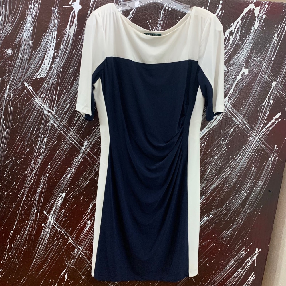 Lauren Ralph Lauren Navy Cream Colorblock Ruched Sheath Dress 14